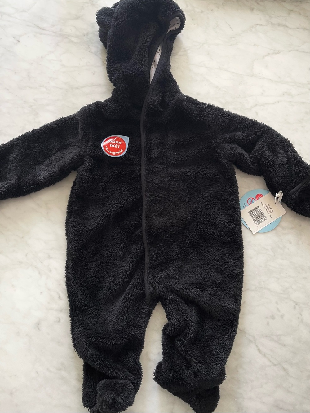 Magnetic Me Plush Black Fleece Baby One-Piece Hooded Jumpsuit 0-3 months